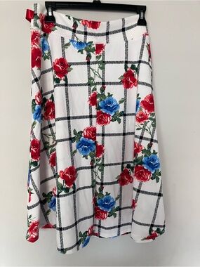 White A-Line Skirt with Red & Blue Floral Grid Print